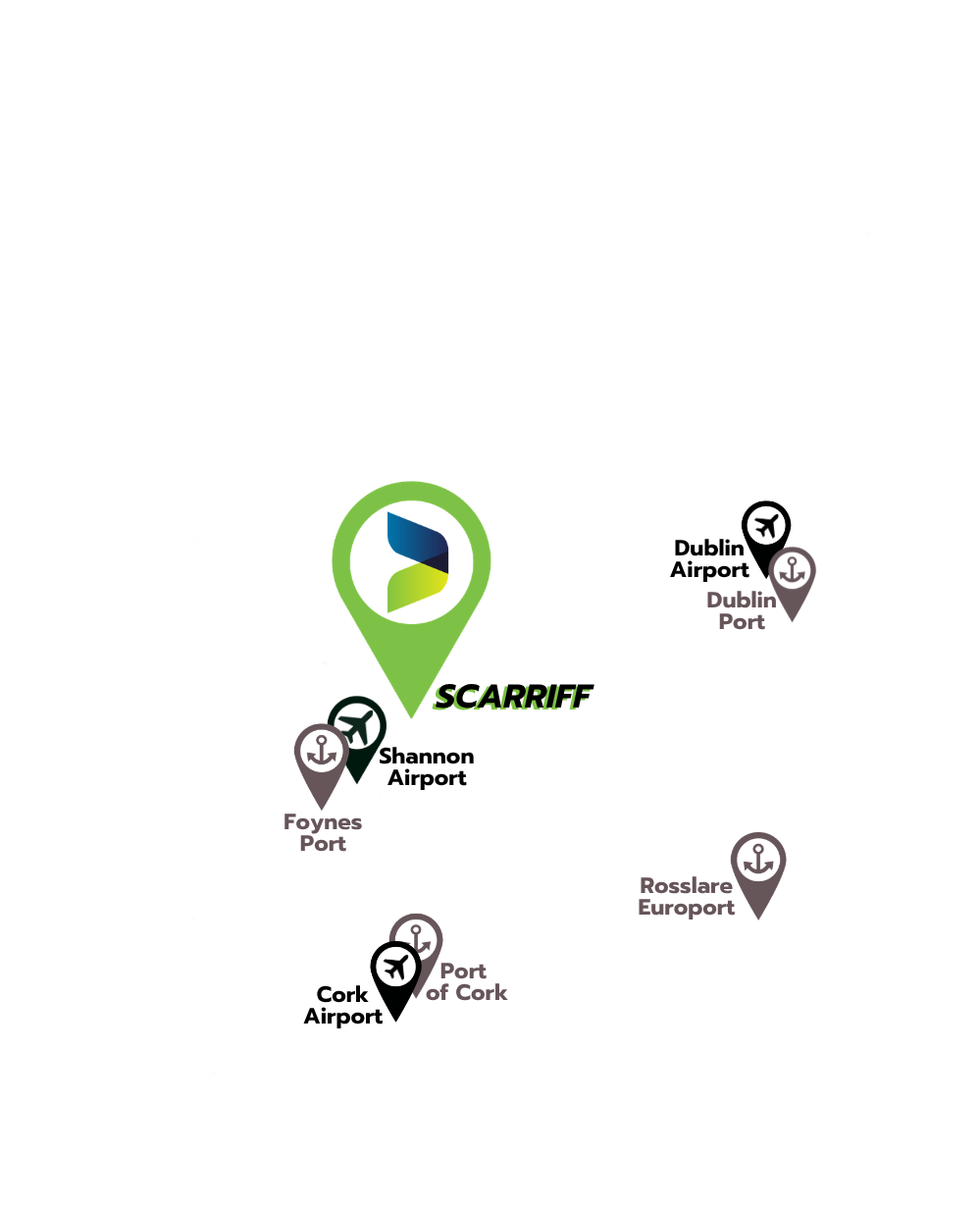 Illustrated map of Ireland showing Elye Distribution’s nationwide warehousing and logistics network.